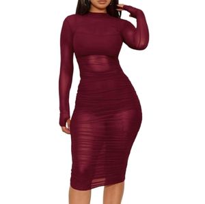 3 Piece Women's Long Sleeve Bodycon Dress Sexy See Through Sheer Mesh Cover Up